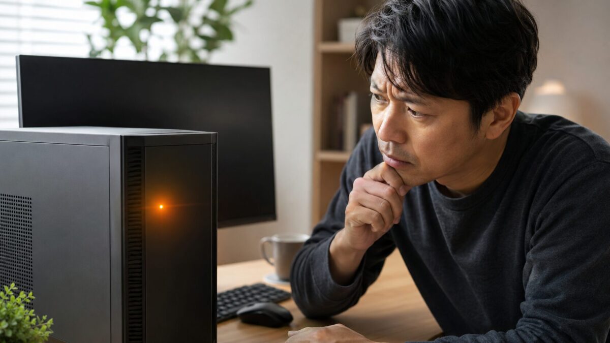 電源ランプがオレンジ色に点滅しているデスクトップPCを心配そうに確認する男性