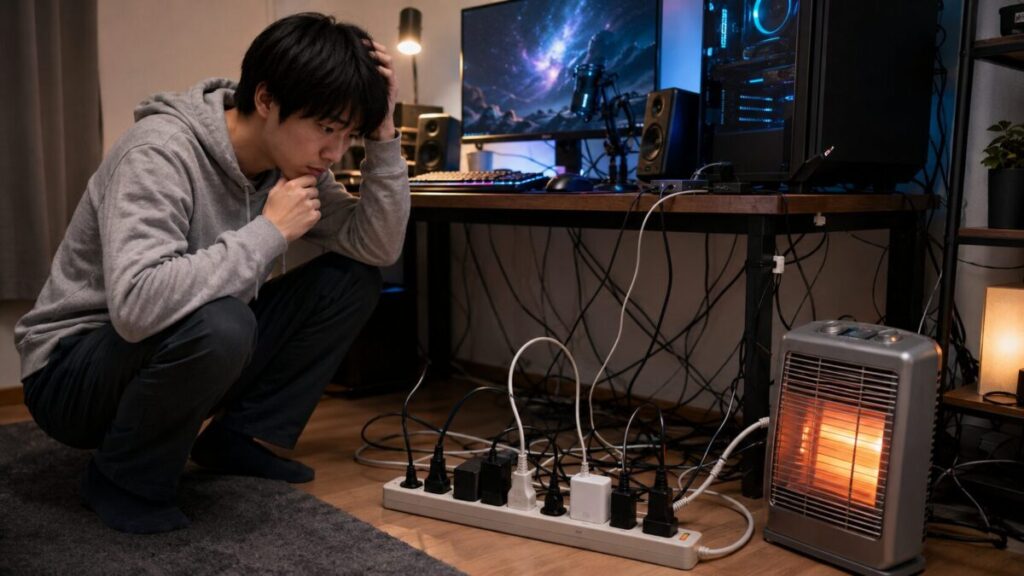 ゲーミングPCと電気ヒーターを同じ電源タップに接続した危険な配線例