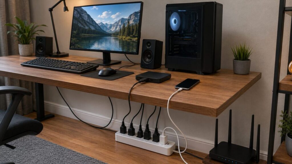 PC本体やモニターなどを電源タップに整理して接続したデスク環境