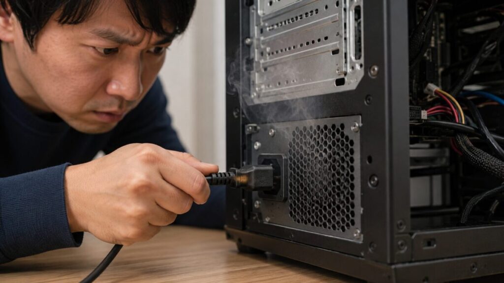PC電源付近の焦げ臭さに気づき電源ケーブルを抜こうとしている様子
