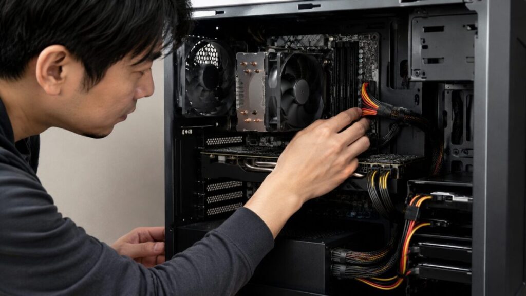 PC電源交換前にマザーボードとグラボの電源ケーブルを確認する様子