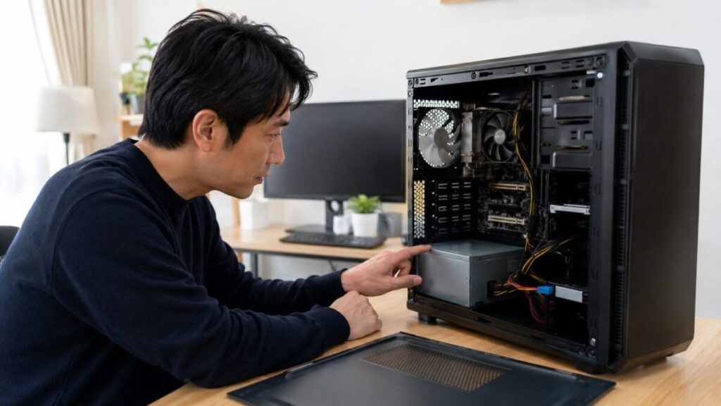 デスクトップPCのケースを開けて、電源ユニットの位置を確認している様子