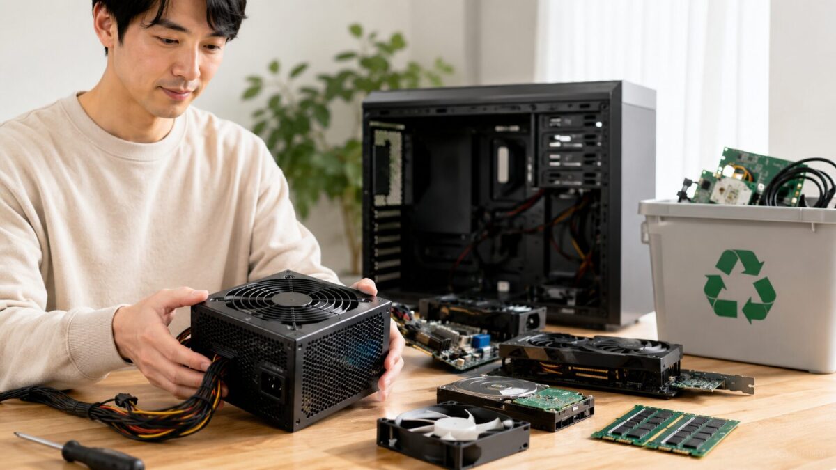 取り外したPC電源ユニットとパソコン部品を整理し、適切な処分を準備する様子