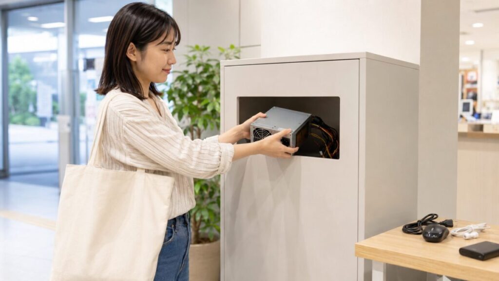 PC電源ユニットを小型家電回収ボックスへ入れる様子