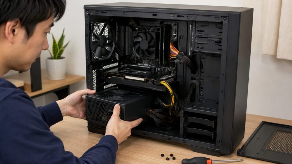 標準的なミドルタワーPCでATX電源ユニットを交換する様子