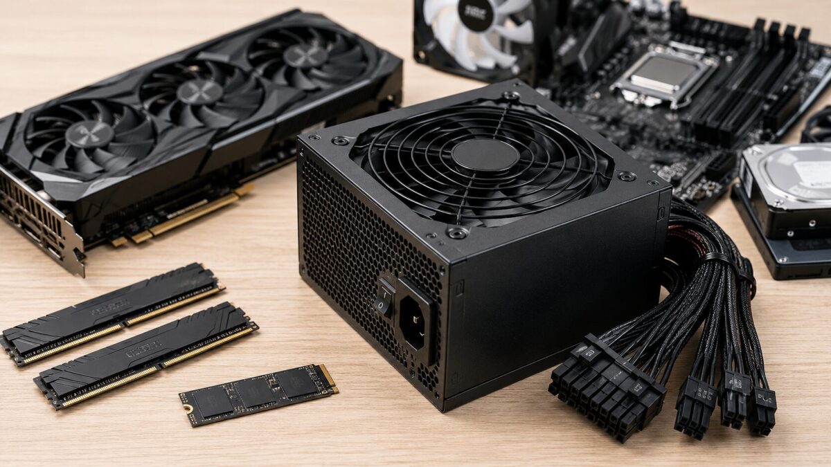 PC電源ユニットと主要パーツを並べ、必要な電源容量の選び方を表した画像