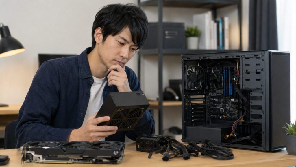 PCケースと電源ユニットを前に必要な電源容量を検討する様子