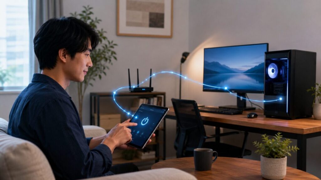 タブレットから自宅PCの電源を遠隔操作している様子