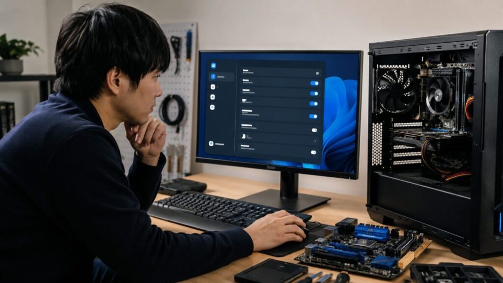 PC内部とWindows設定を確認してWake on LANを設定する様子