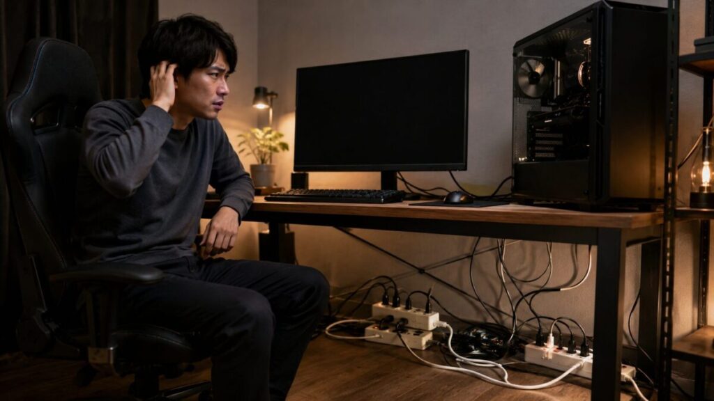 PCの画面が消え、机の下の多重接続された電源タップを確認する男性