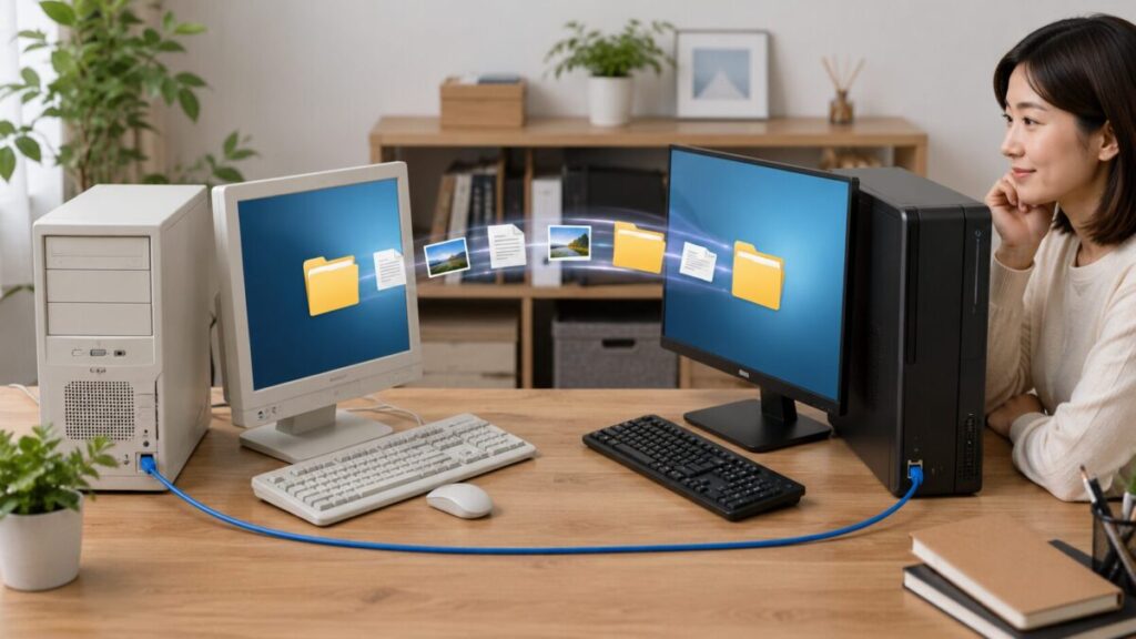 LANケーブルで接続した古いPCから新しいPCへファイルを転送する様子