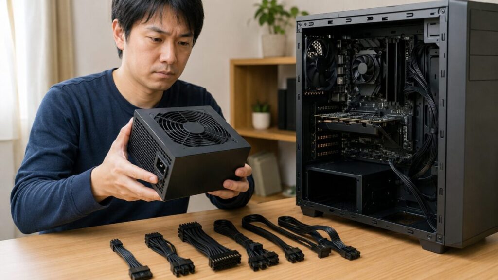 交換用のPC電源ユニットと各種電源ケーブルを確認している様子