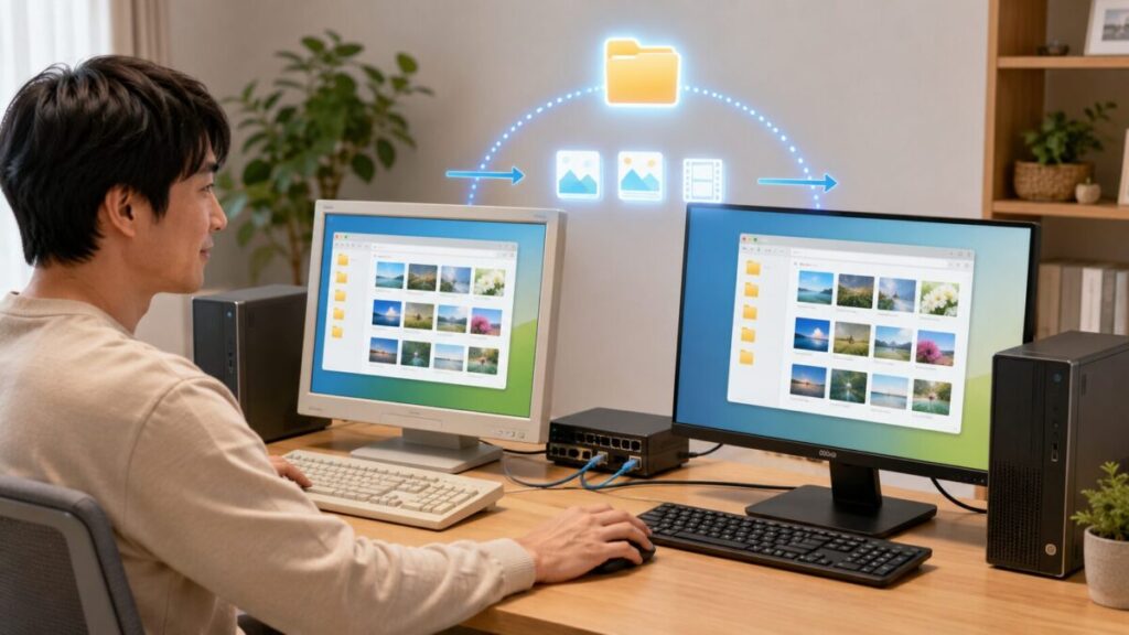 LAN内の共有フォルダを使って2台のPC間で写真や動画を転送する様子