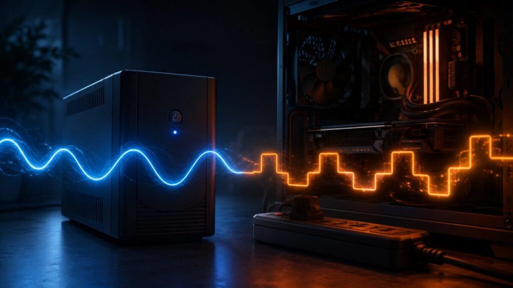 ゲーミングPC向けUPSの正弦波と疑似正弦波の違いを光の波形で表した画像
