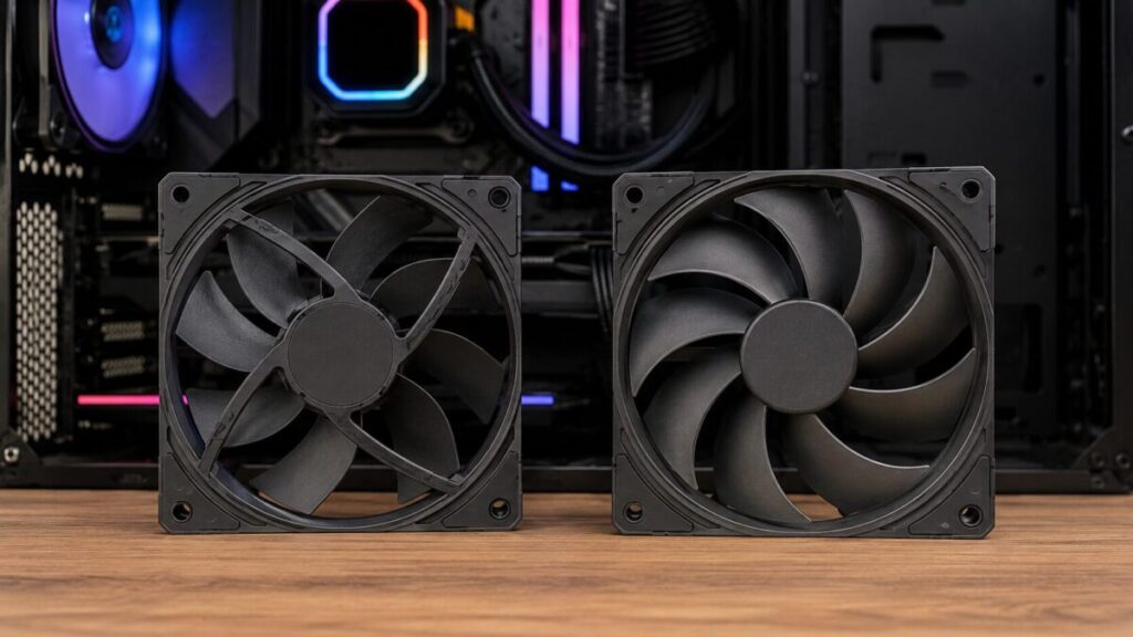 通常のPCファンとリバースファンを並べて羽根と支柱の違いを比較した画像
