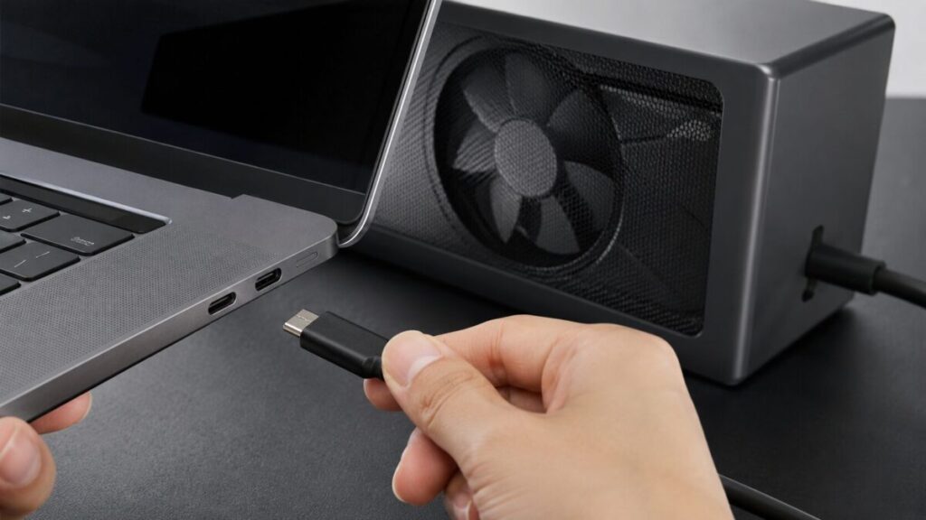 ノートPCのUSB-C端子と外付けGPUボックスの接続ケーブルを確認している手元の様子