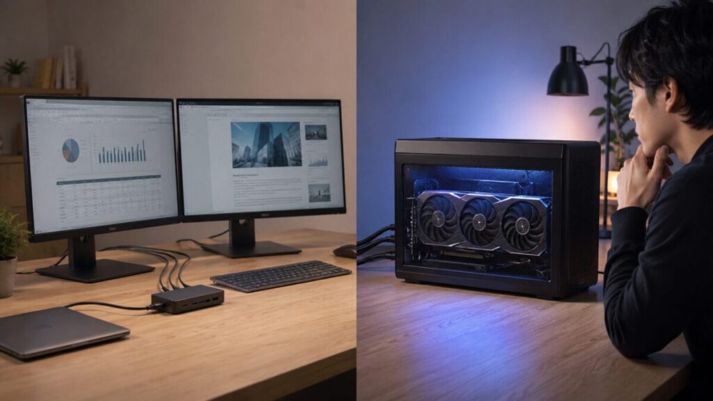USBドックで複数モニターを使う作業環境と、外付けGPUボックスを使う高性能環境を比較したイメージ