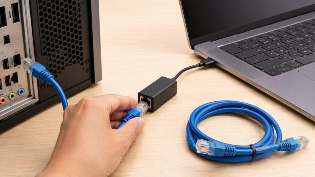 デスクトップPCとノートPCをLANケーブルとUSB-LANアダプターで接続する様子