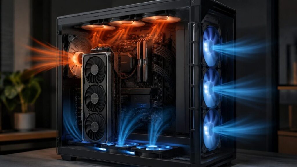 縦置きグラボへ前面と底面から冷気を送り上部と背面へ排熱するPCケースのエアフロー