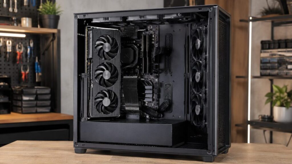 縦置きブラケットとPCIeライザーケーブルでグラボを垂直に取り付けたPCケース内部