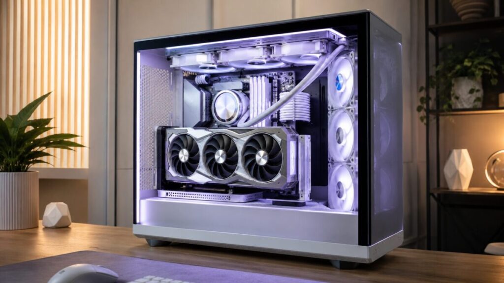 白いゲーミングPCケース内で大型グラボを縦置きしファン面を見せた構成