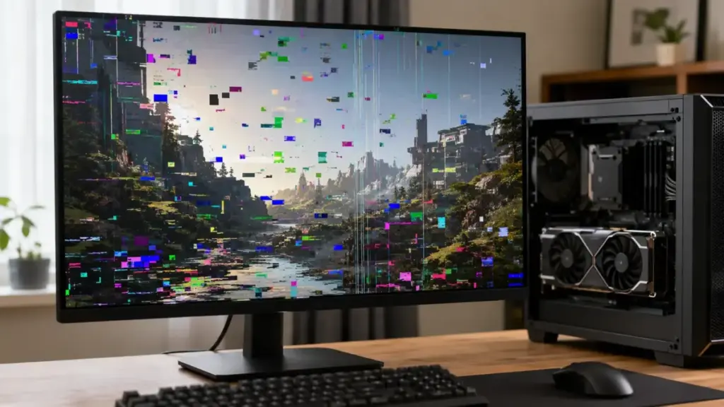 画面に色化けとブロック状の表示崩れが出ているデスクトップPC