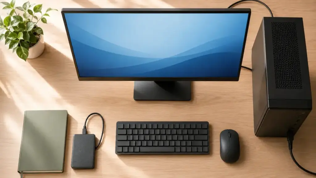 グラボドライバ削除前に電源と作業環境を整えたPCデスク