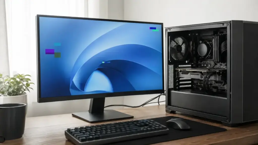 表示の乱れが出たモニターと側面が見えるデスクトップPC