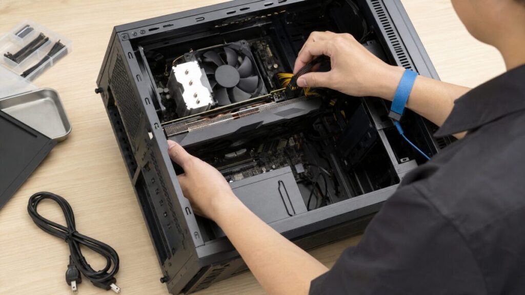電源を切ったPCでグラボの補助電源ケーブルを確認する様子