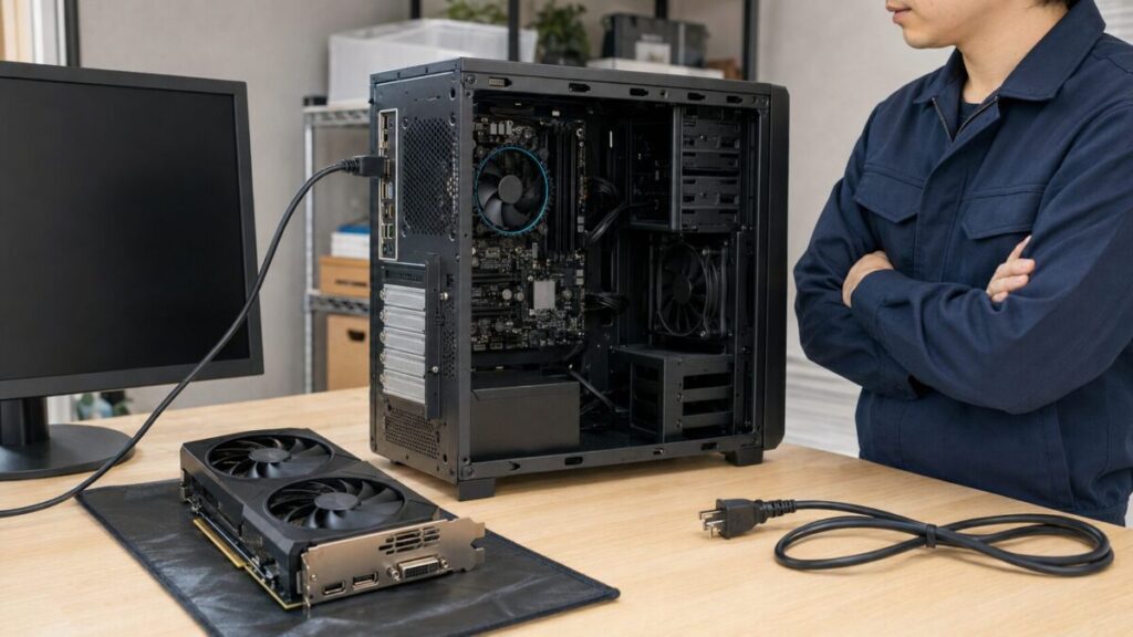 グラボを外し内蔵GPU出力で切り分ける電源オフ状態のPC