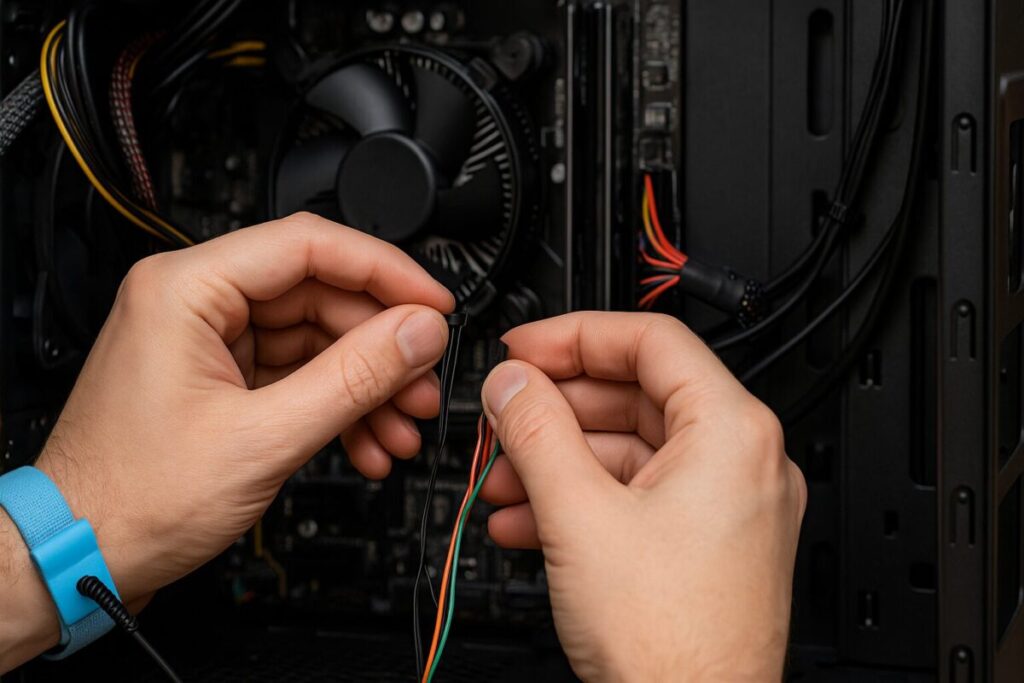 電源とスイッチ配線でマザーボードをショートさせない