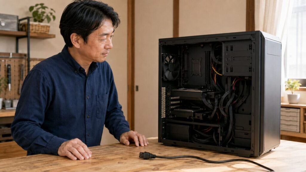 電源を抜いたデスクトップPCのストレージ配線を確認する日本人ユーザー