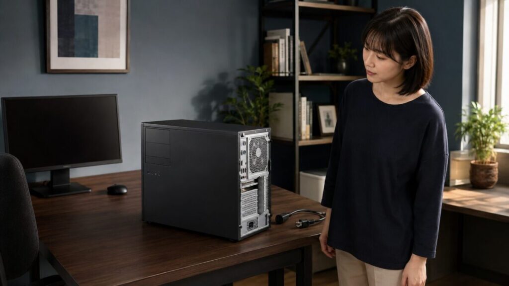 電源を切ったデスクトップPCを確認する様子
