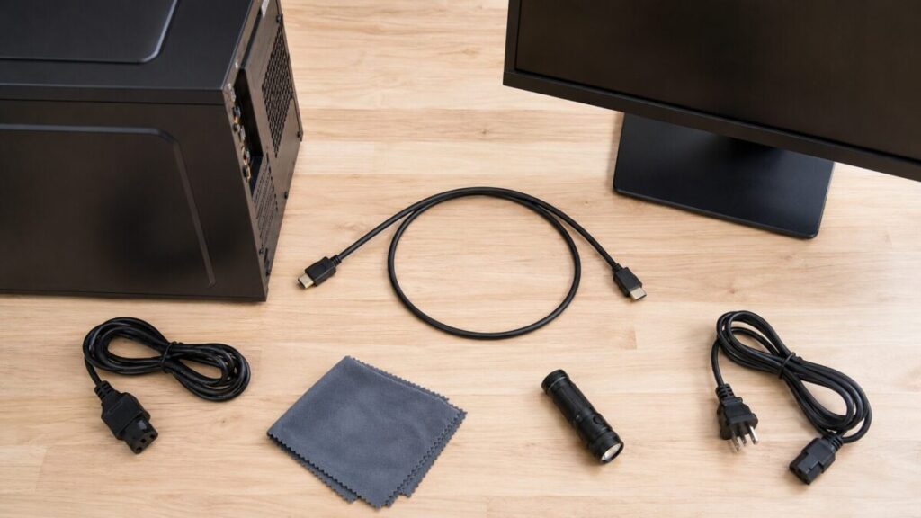 電源を切ったPCとモニターの間に置かれたHDMIケーブル