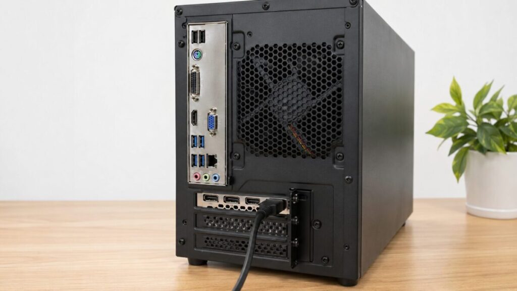 グラボ側の映像端子にケーブルを接続したデスクトップPC背面