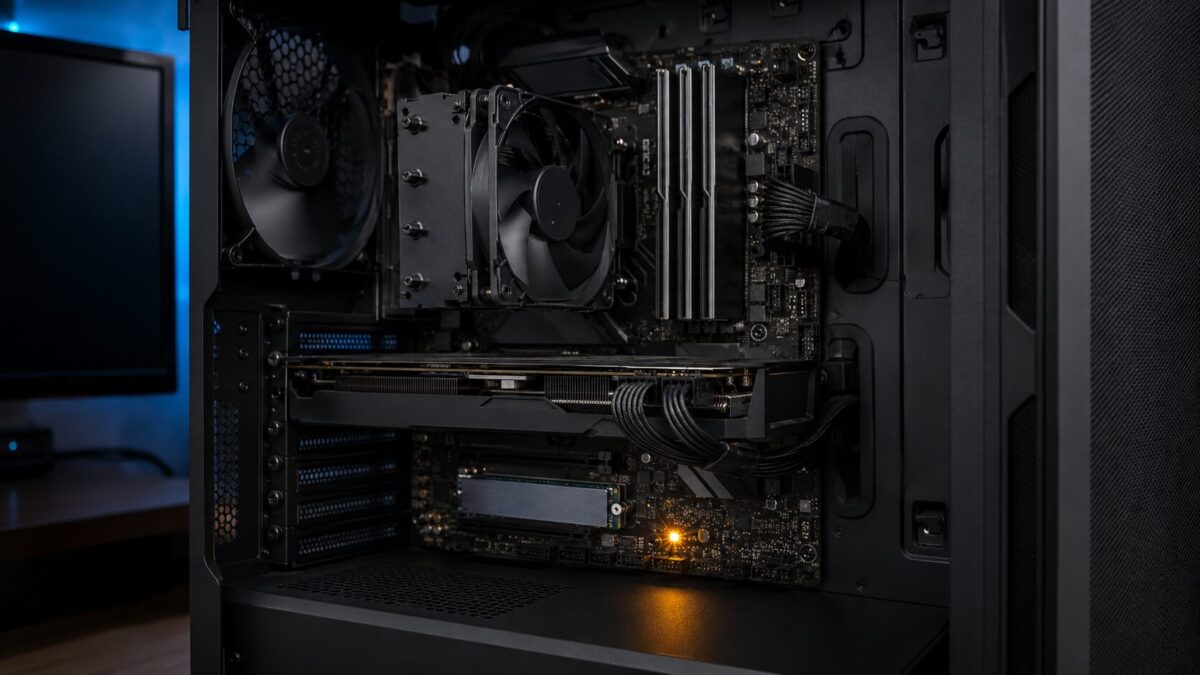 デスクトップPC内部で診断ランプが点灯しているマザーボードとSSD
