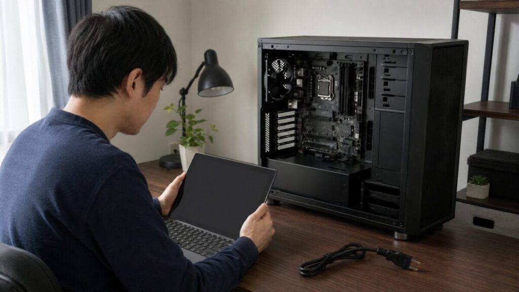 電源を切ったPCのそばでマザーボードの説明書を確認する日本人ユーザー