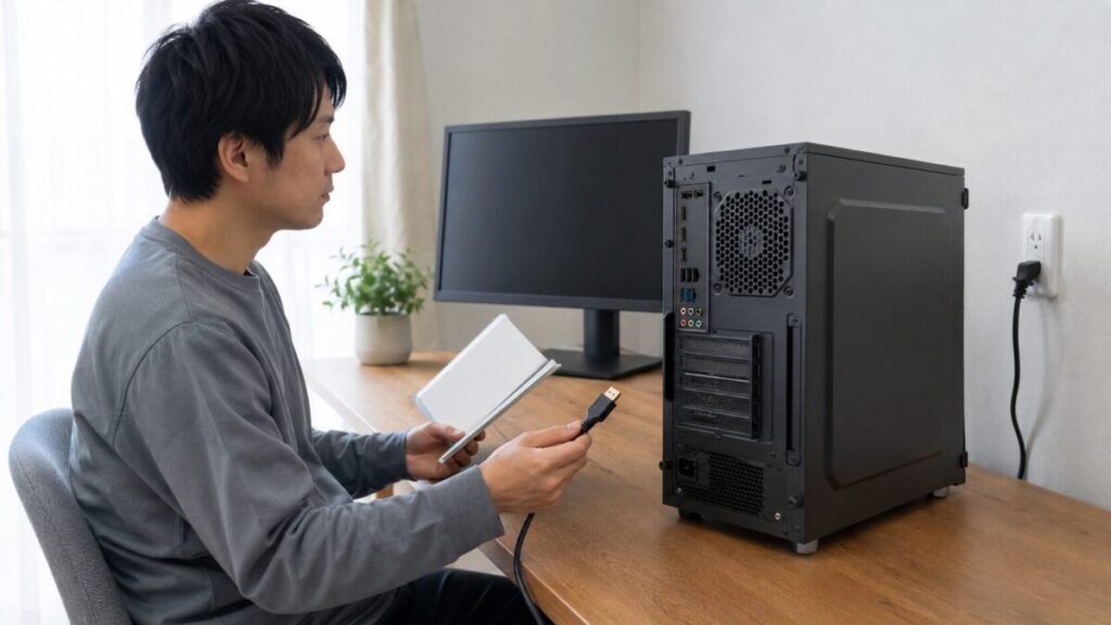 電源を切ったデスクトップPCの背面と映像ケーブルを確認する様子