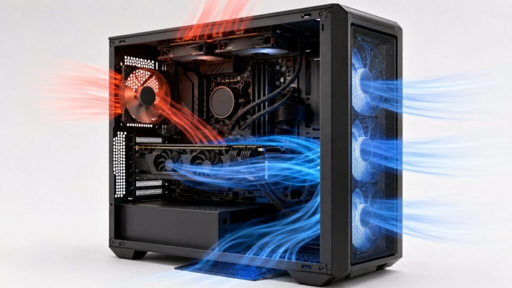 前面吸気と背面・天面排気でグラボを冷やすPCケース内部