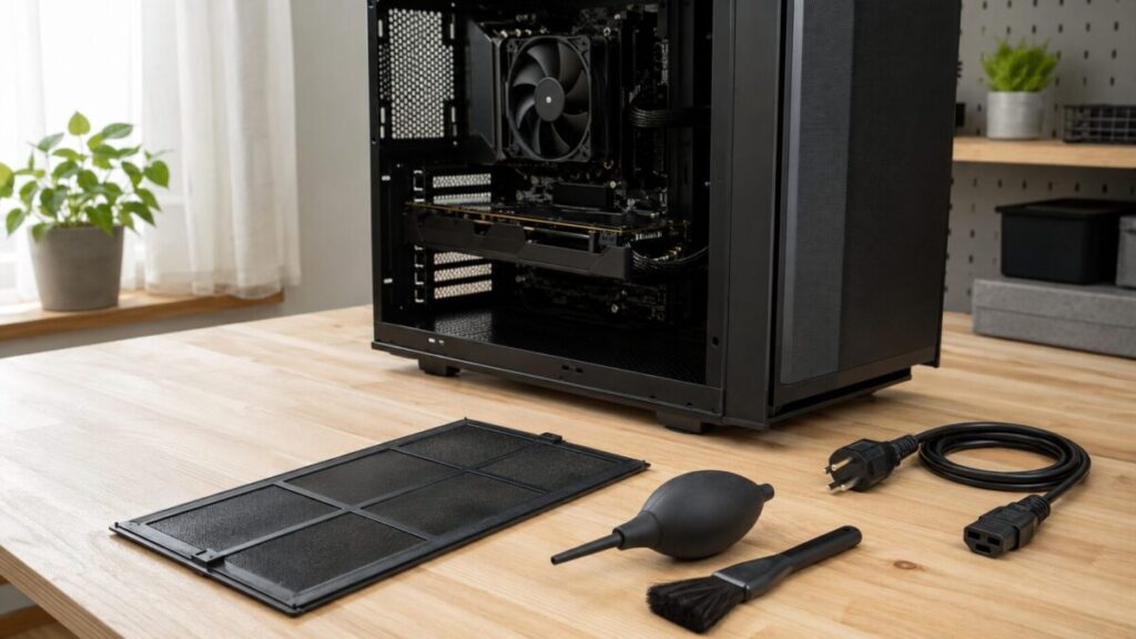 電源を抜いたPCのダストフィルターを安全に清掃する様子