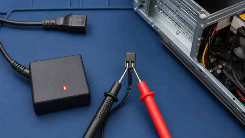 取り外した2ピンの電源スイッチを導通テスターで確認する様子