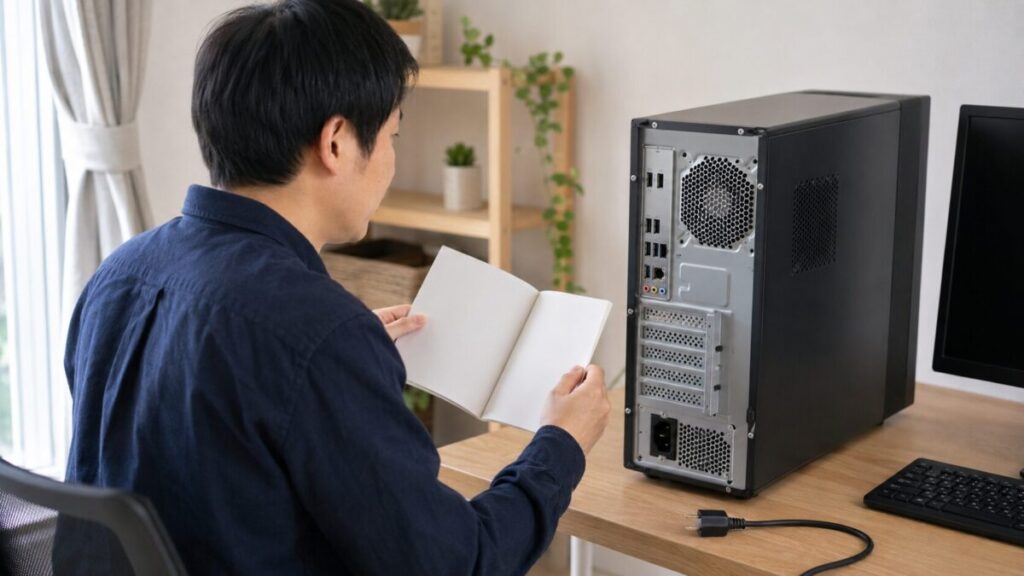 電源を切ったPC背面のオーディオ端子を確認する様子