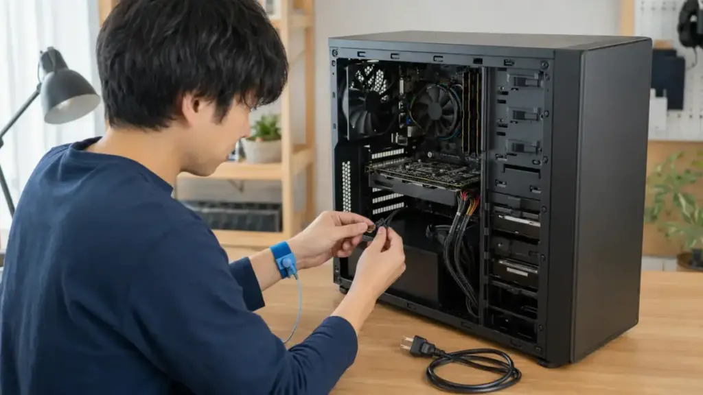 電源ケーブルを抜いてPC内部の電源スイッチ配線を確認する様子