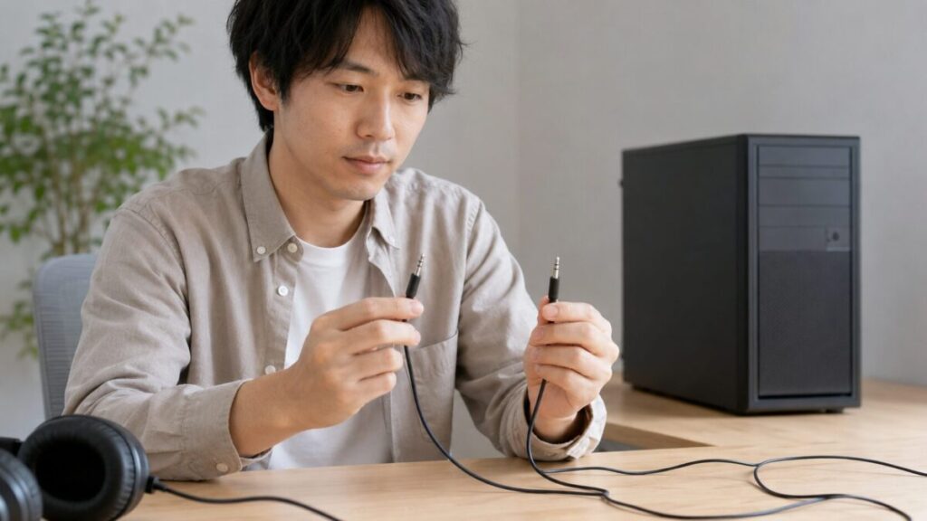 2種類の3.5mmオーディオプラグを見比べる様子