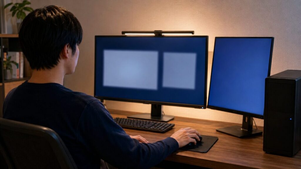 2台のモニターでディスプレイ設定を確認する様子