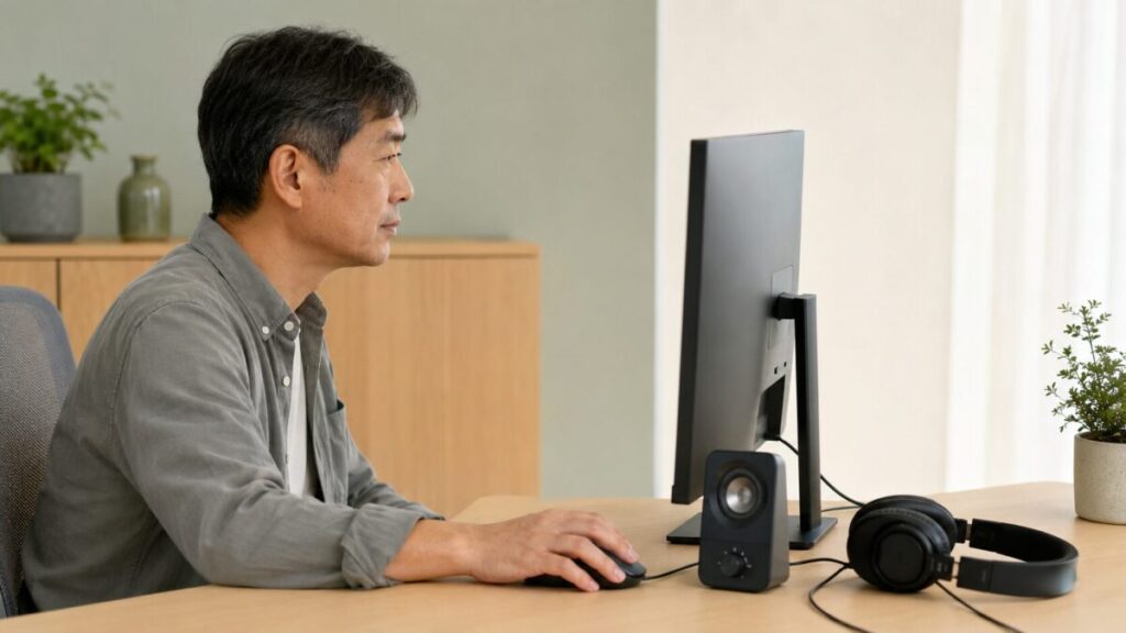 スピーカーとヘッドホンを前にPCの設定を確認する様子