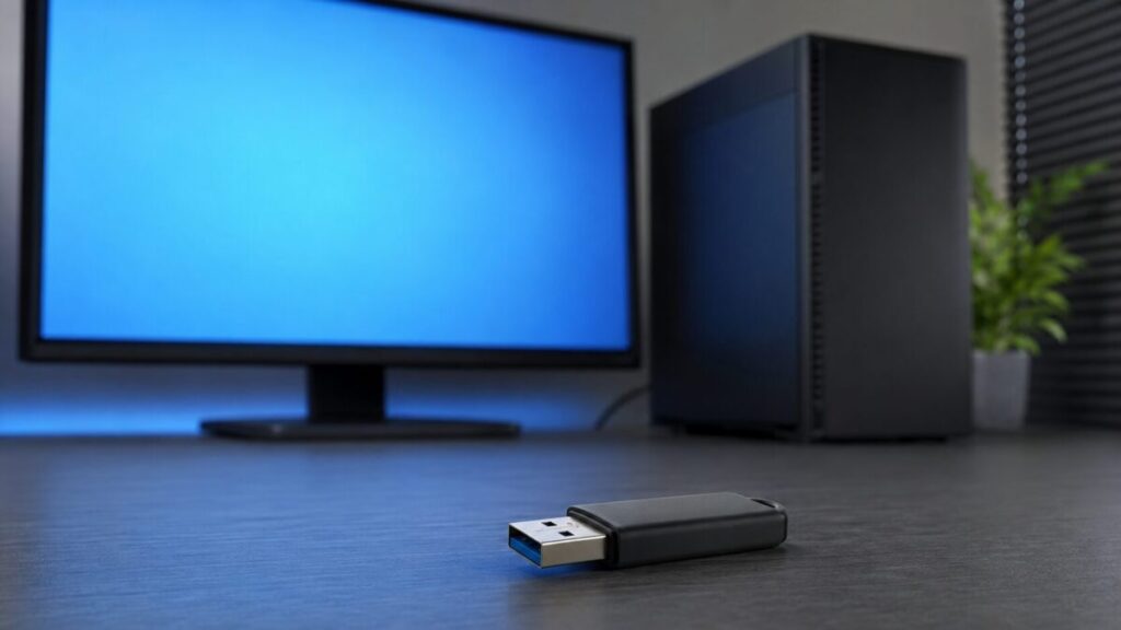 回復用USBメモリと青色画面が表示されたデスクトップPC