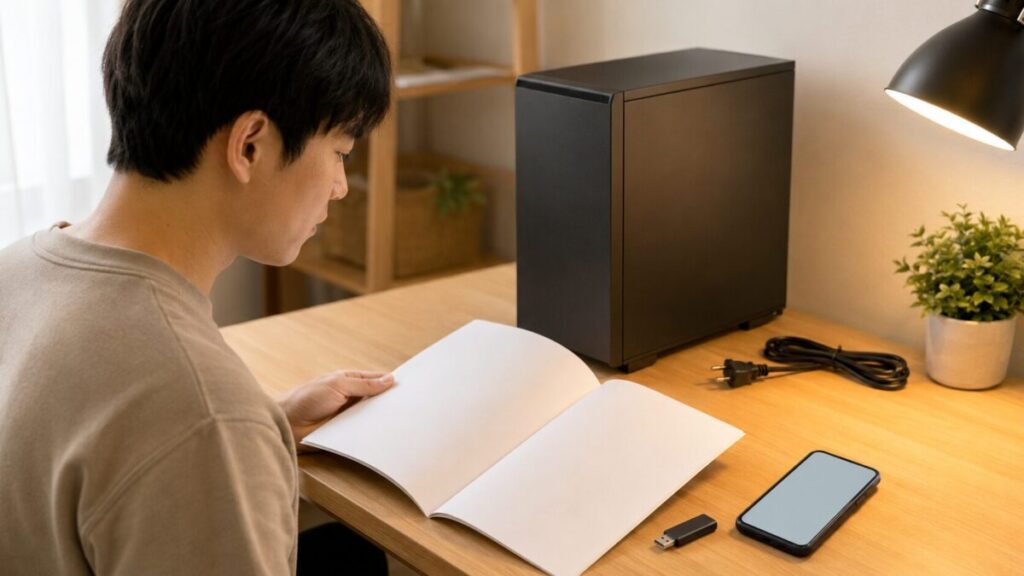 電源を切ったPCの前でUSBメモリとマニュアルを確認する様子