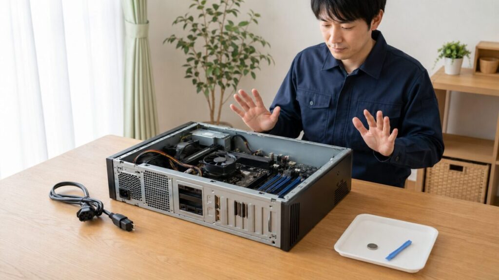 電源ケーブルを外したデスクトップPCで交換準備をする様子