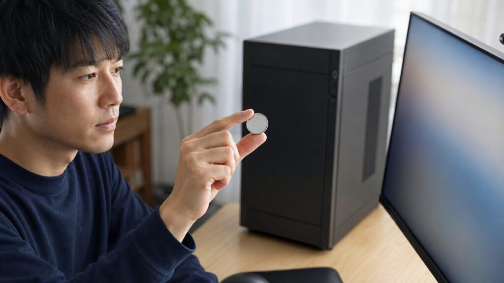 コイン形電池を手にPC画面を確認する様子